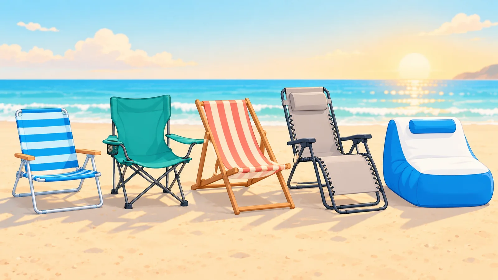 Cinco modelos diferentes de cadeiras de praia alinhados na areia