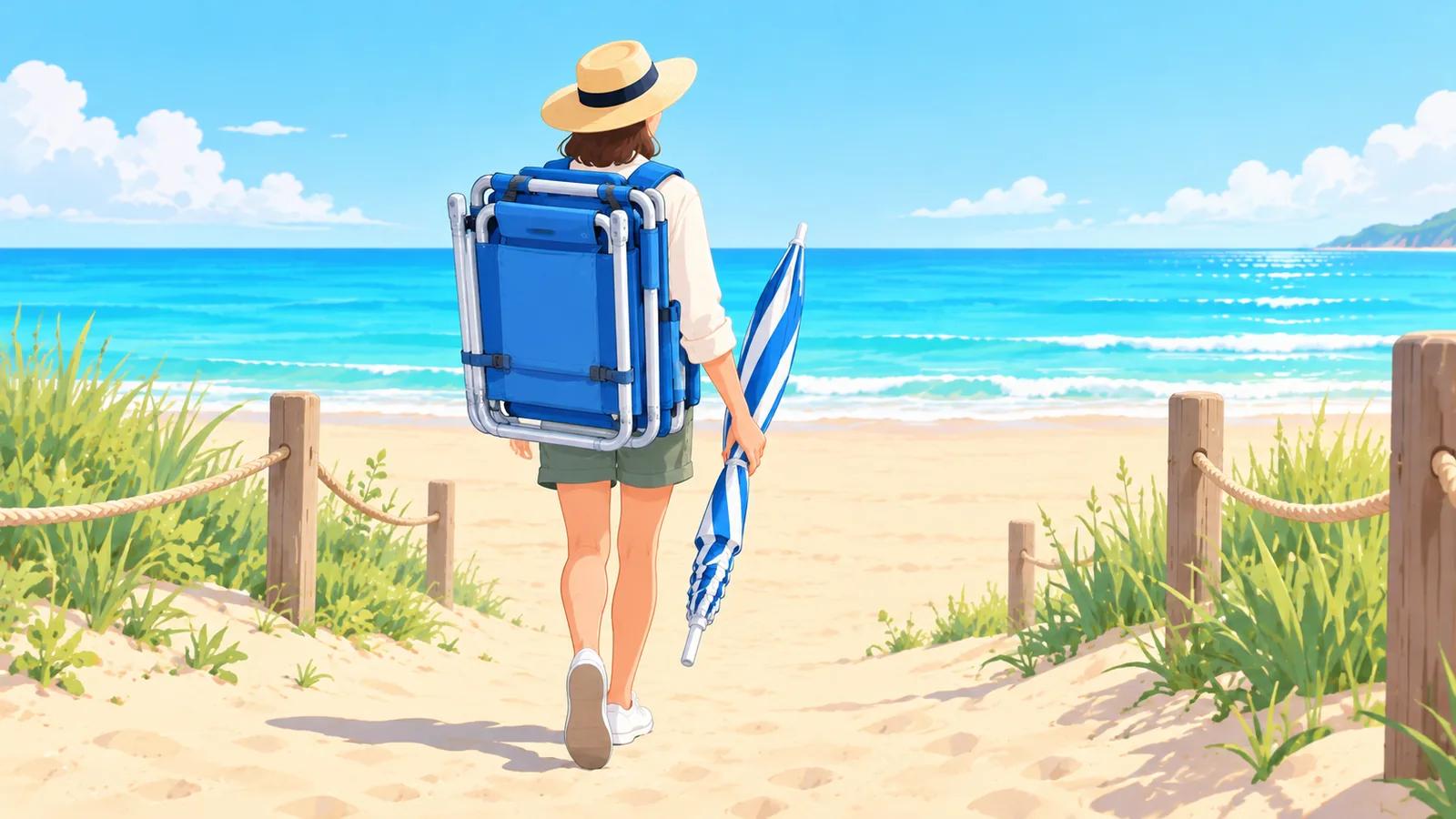 Pessoa carregando cadeira de praia tipo mochila com as mãos livres