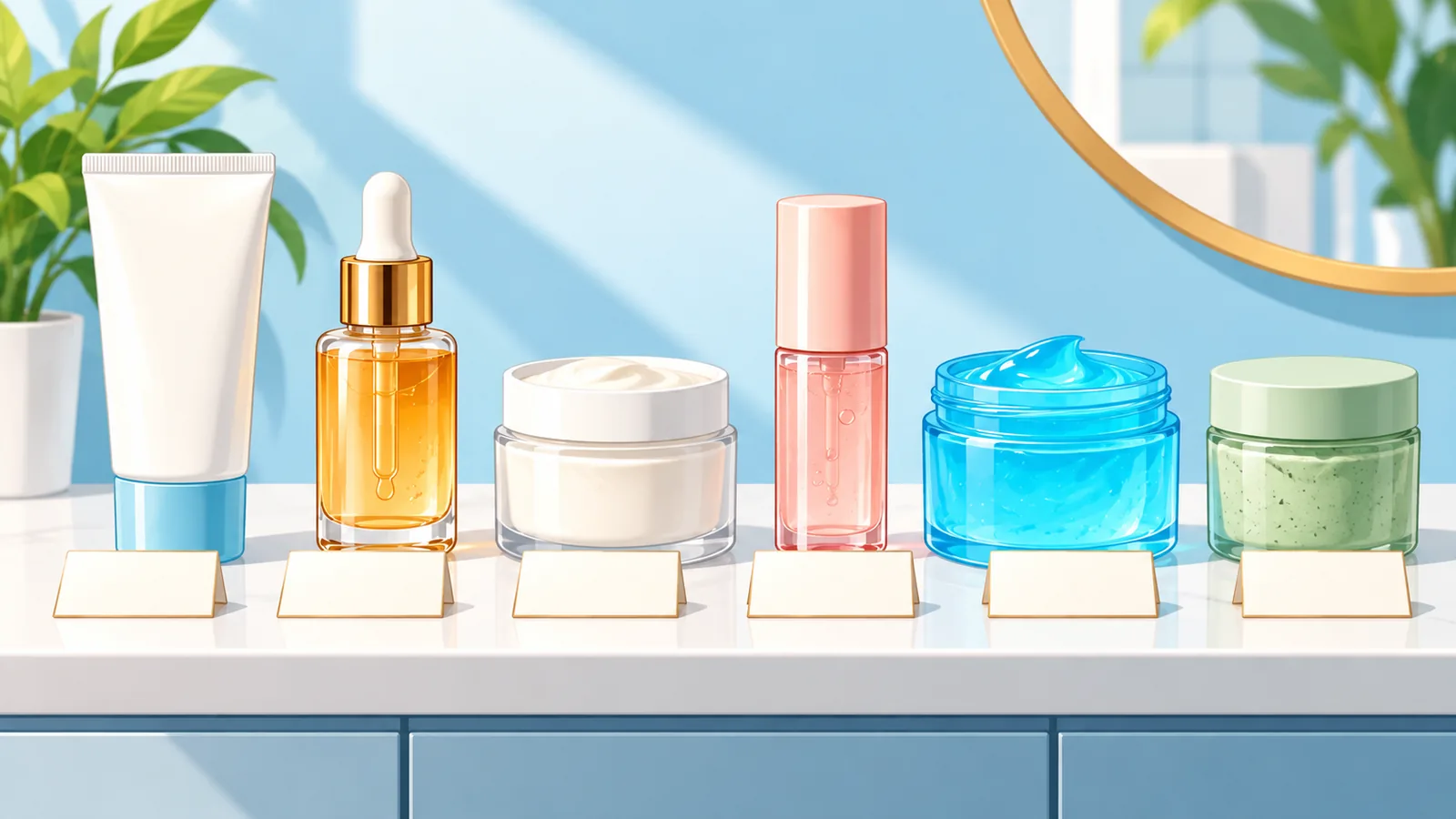 Șase produse cosmetice aliniate pe un raft alb pentru comparație rapidă