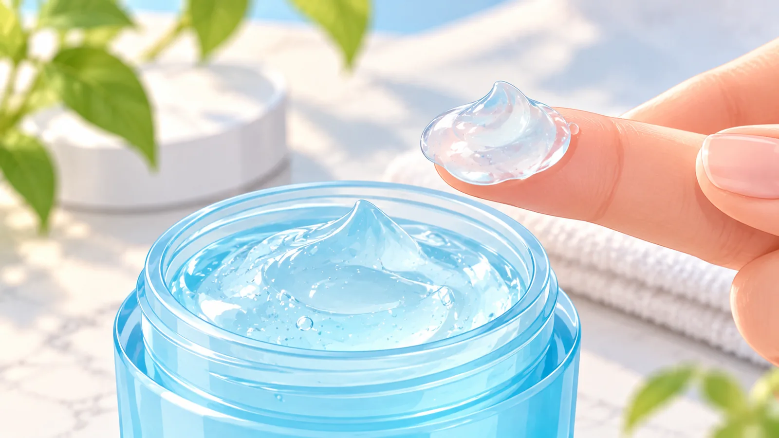 Gel hidratant translucid luat pe vârful degetului deasupra unui recipient