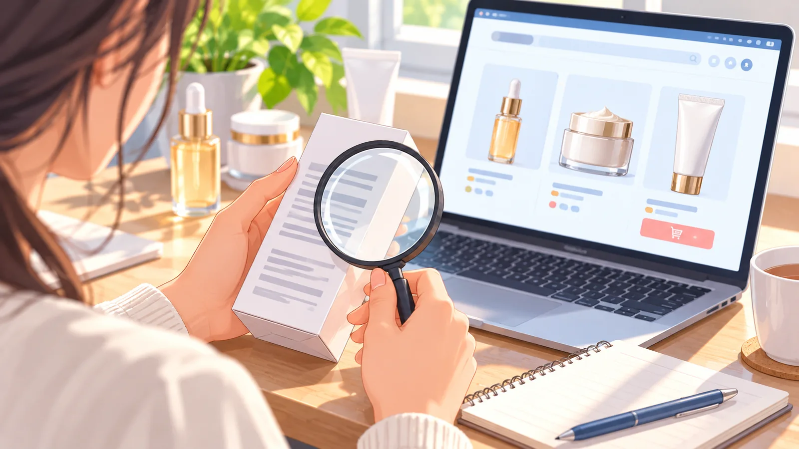 Persoană care verifică eticheta unui produs cosmetic înainte de cumpărare