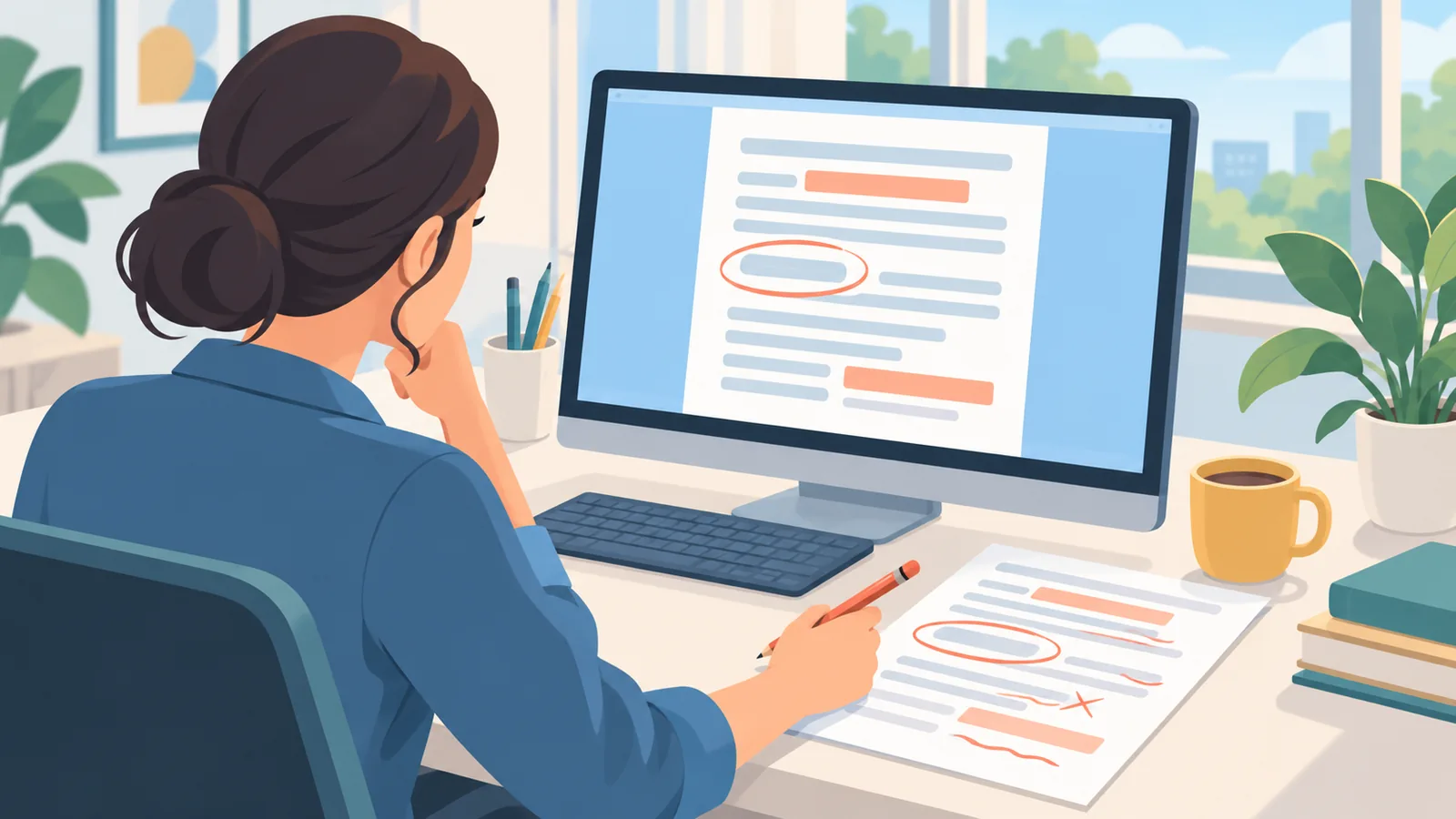 Profesionist care verifică o ciornă de CV pe ecran