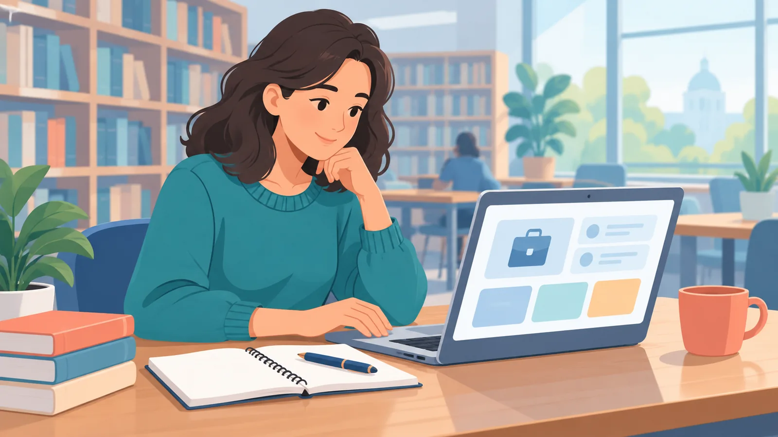 Persoană care își redactează singură CV-ul într-o bibliotecă