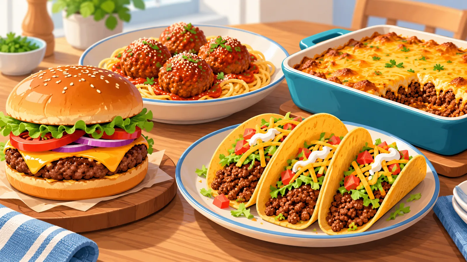 Mai multe preparate cu carne tocată pe o masă rustică
