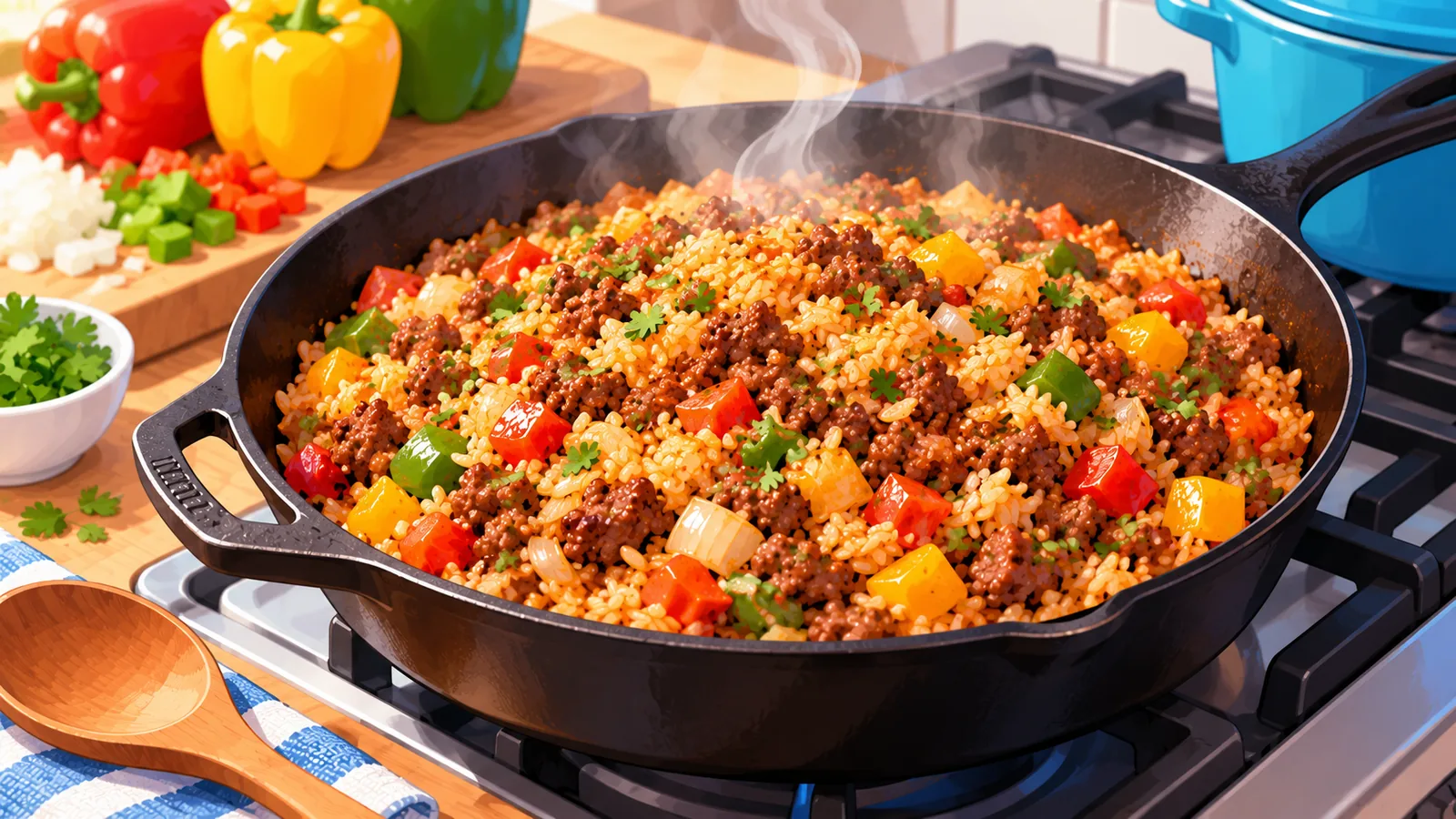 Tigaie din fontă cu carne tocată, orez și legume la gătit