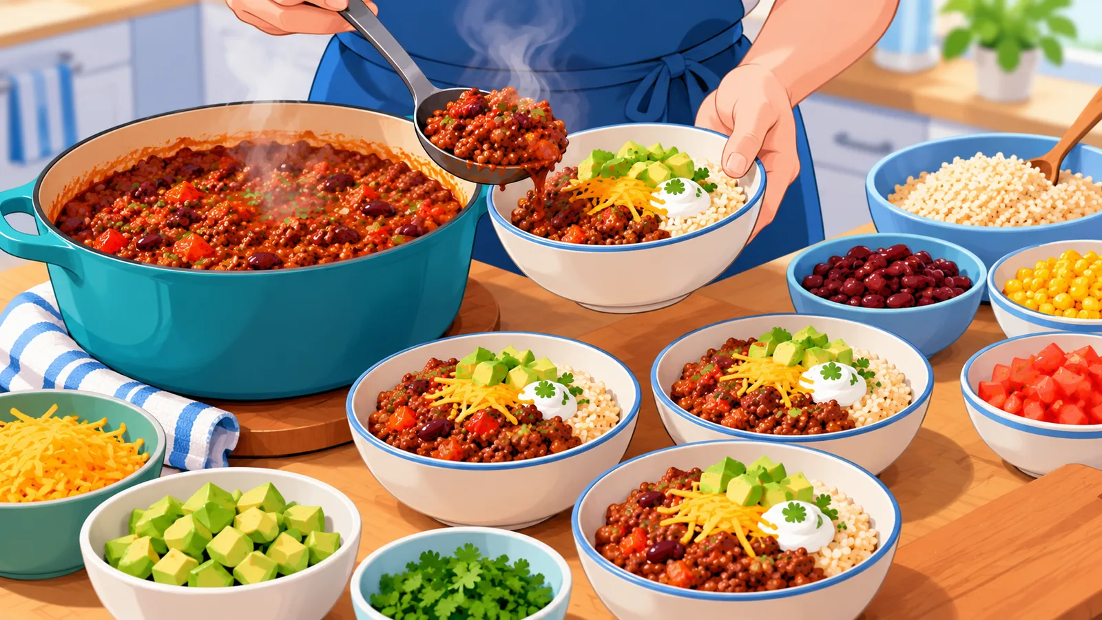 Chili cu carne tocată împărțit în patru boluri