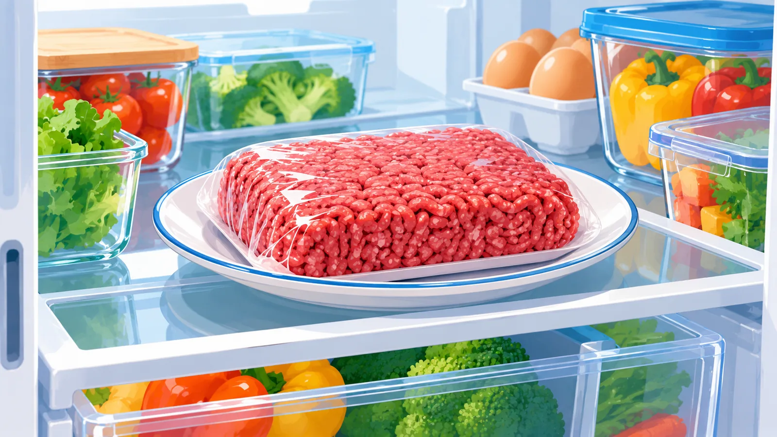 Carne tocată decongelată în frigider, într-un vas