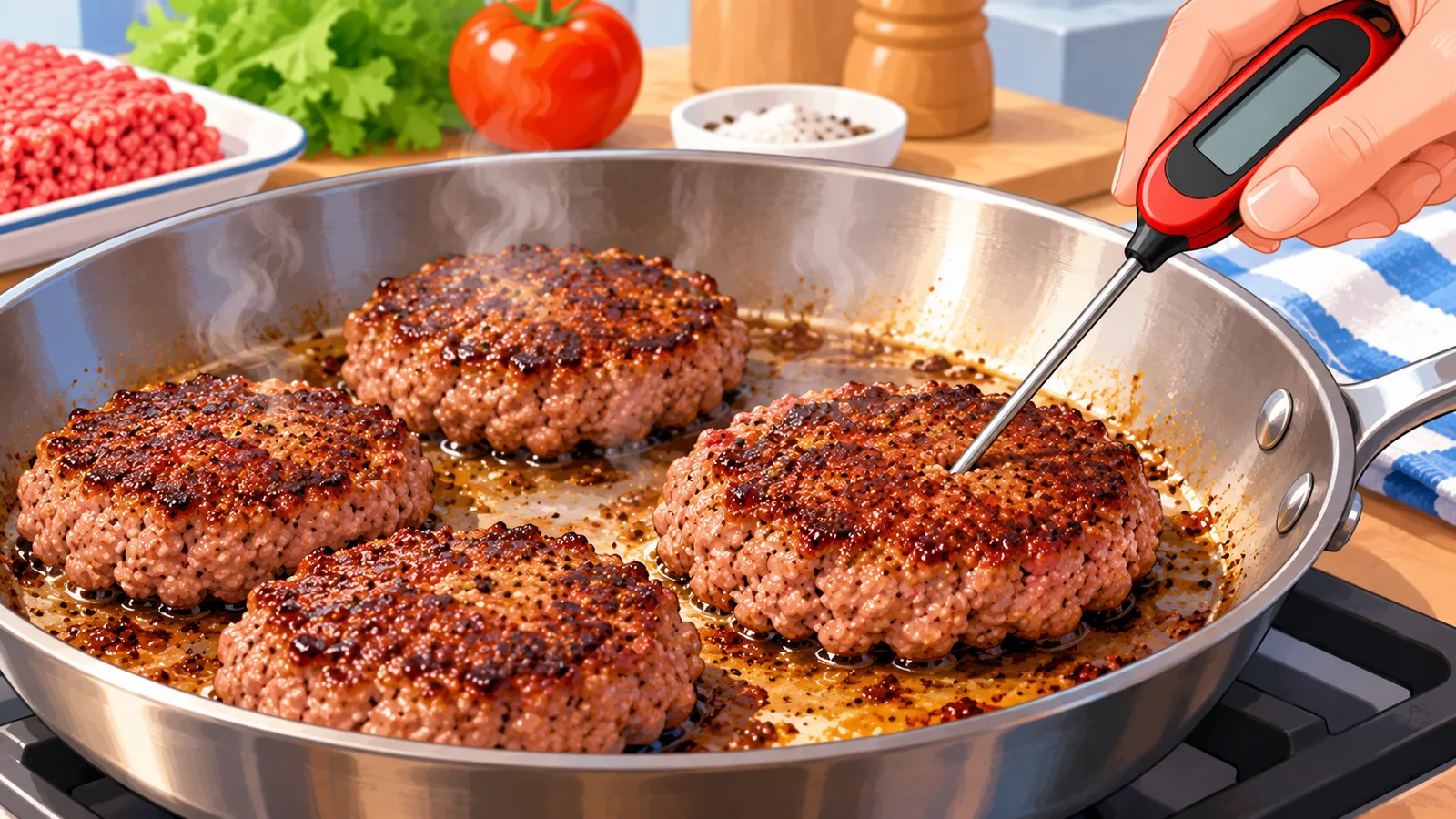 Chifteluțe în tigaie cu un termometru alimentar introdus în centru