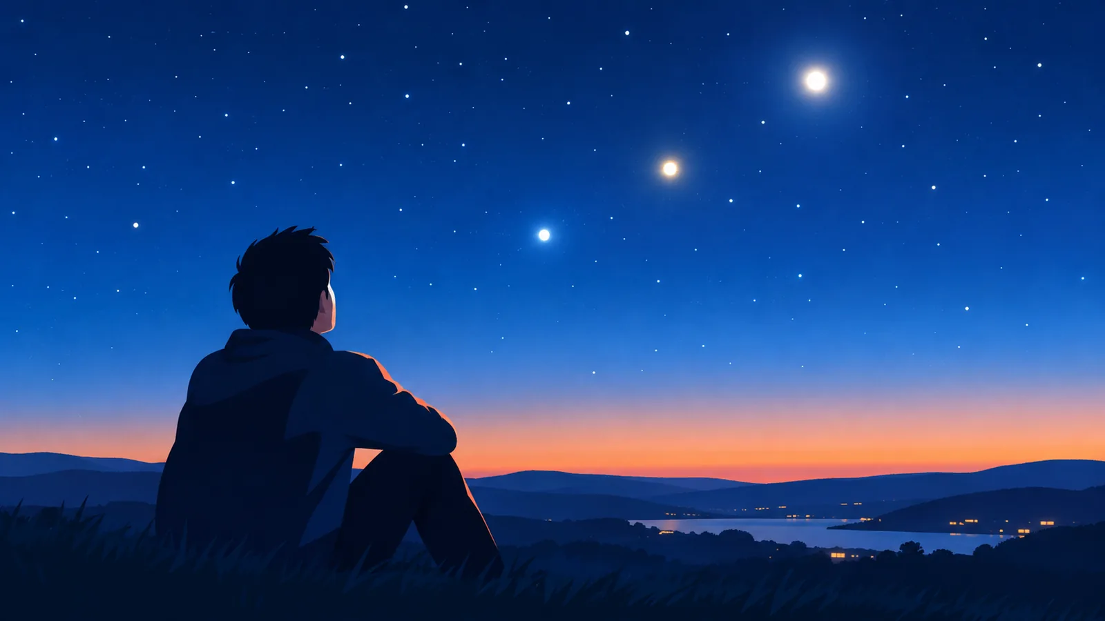 Cer de noapte cu câteva puncte luminoase, posibile planete, deasupra unui orizont întunecat