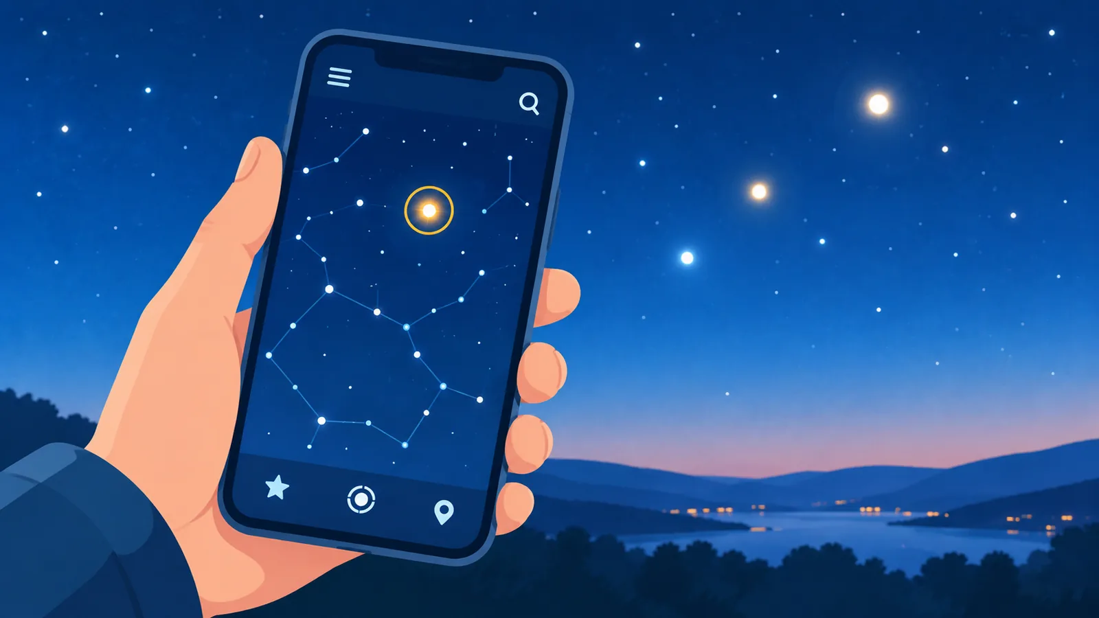 Mână care ține un telefon cu o hartă stelară în fața cerului înstelat