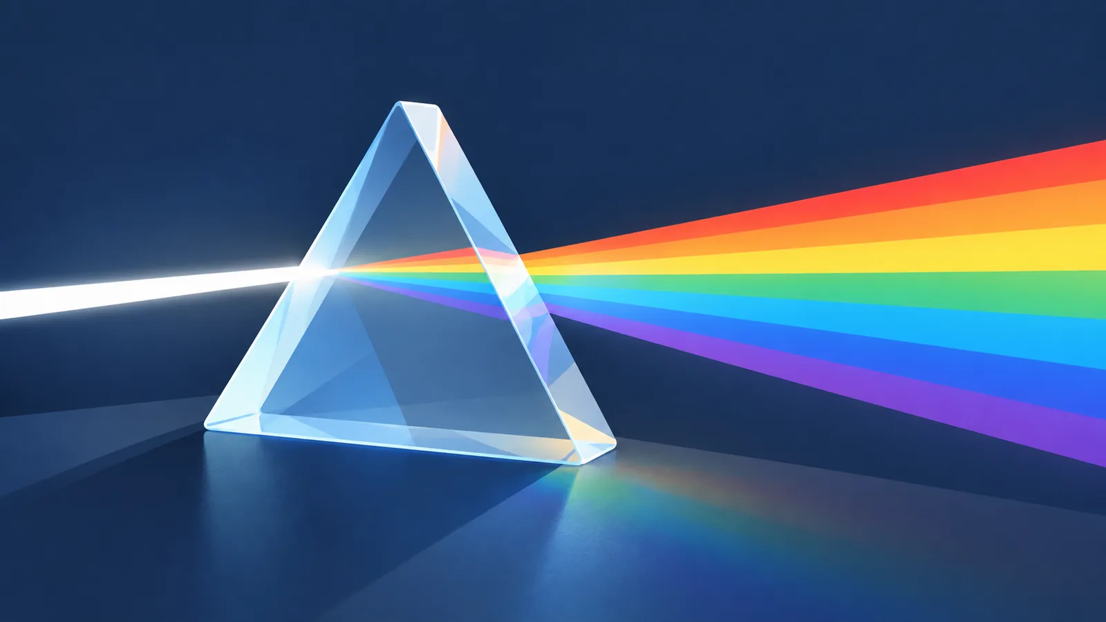 Prismă de sticlă care descompune lumina albă într-un spectru colorat