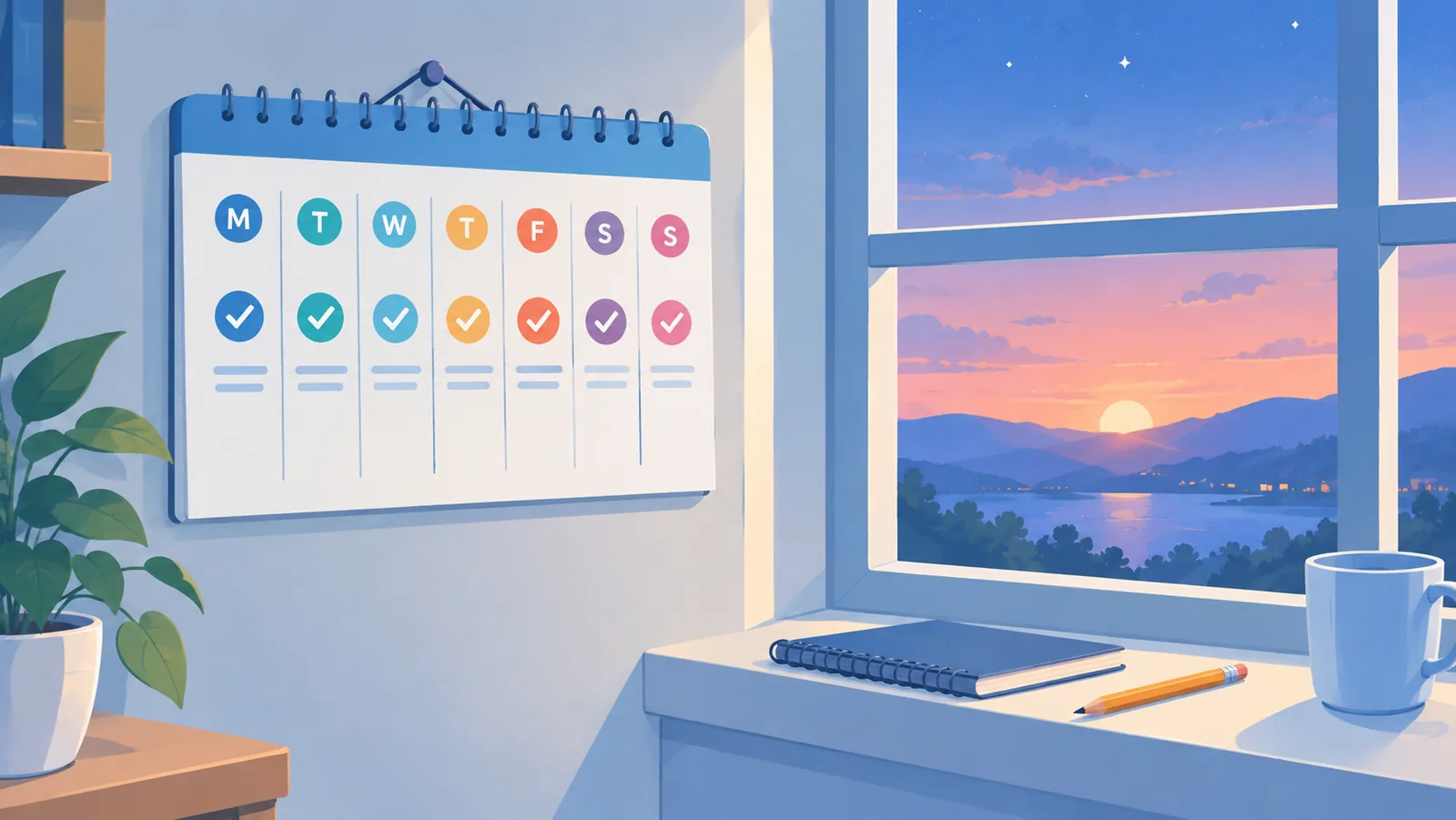 Calendar cu șapte zile marcate lângă o fereastră cu cer de seară