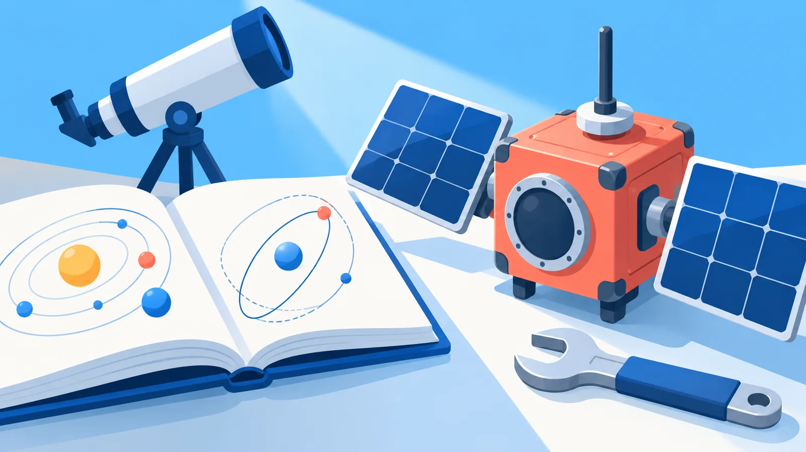 Manual de astronomie, telescop și model de satelit pe un birou