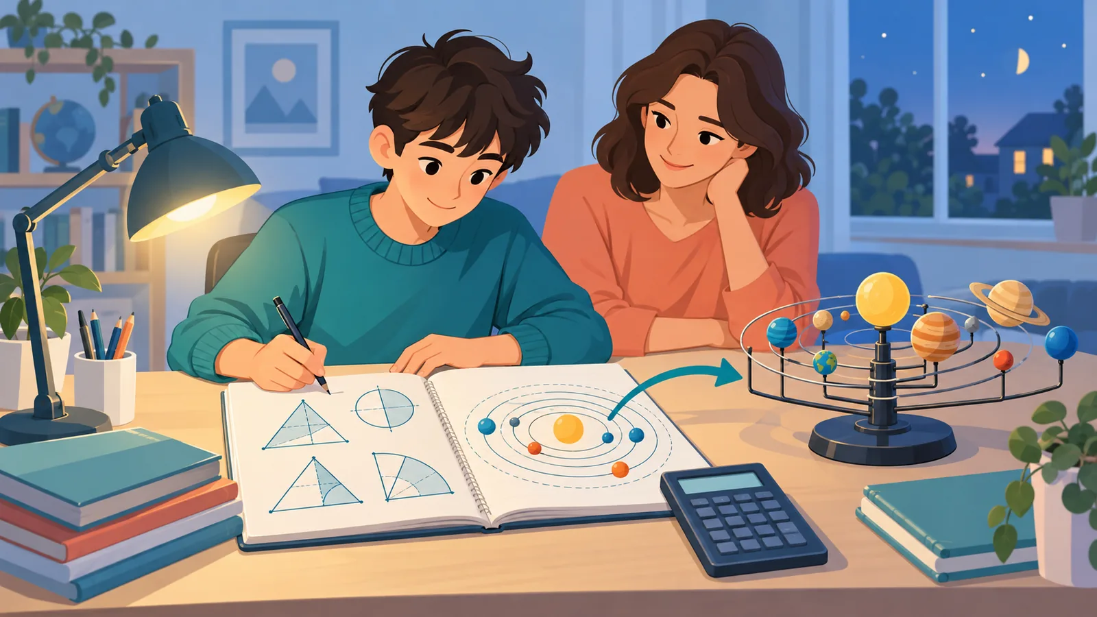 Elev care învață fizică și matematică la birou
