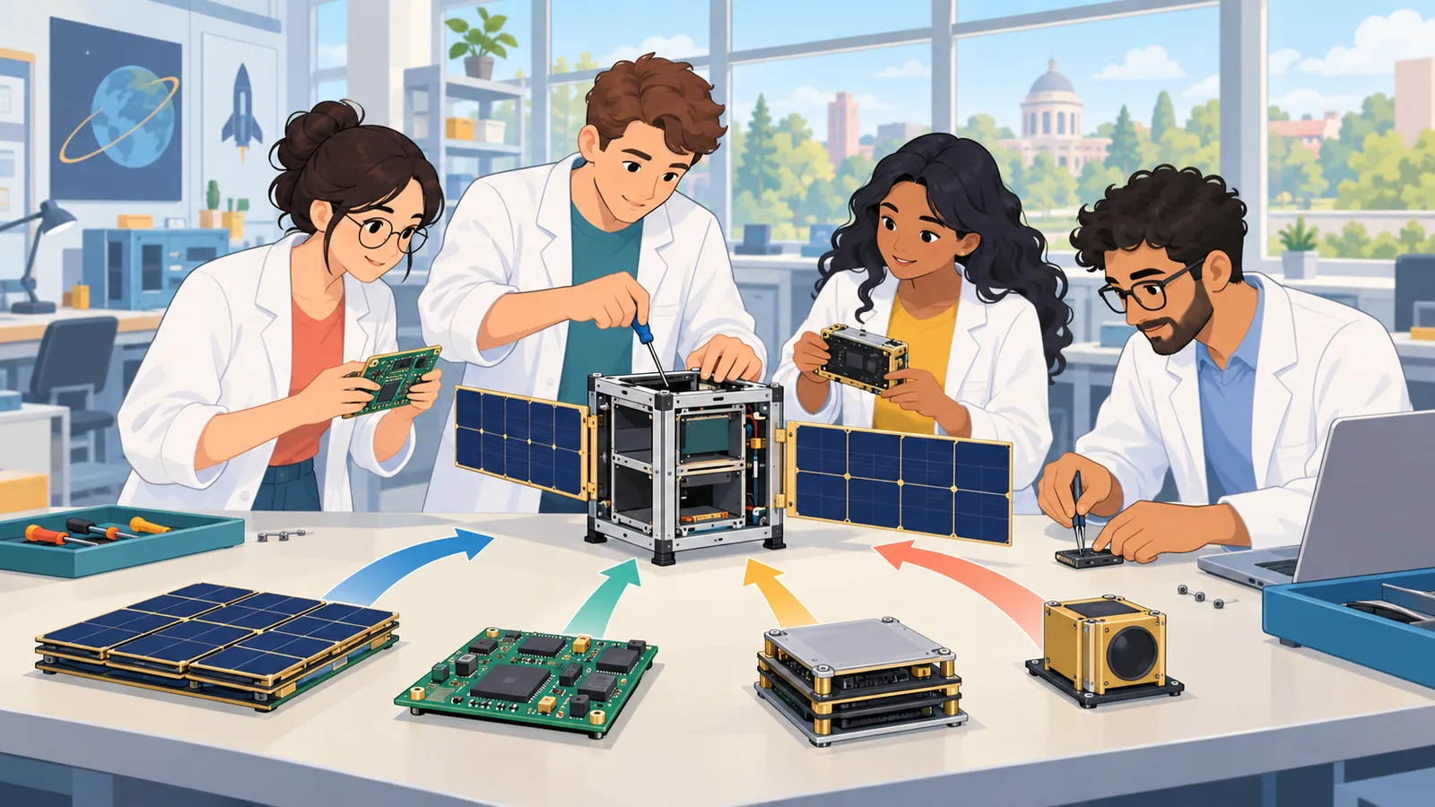Studenți la inginerie care asamblează un prototip de satelit