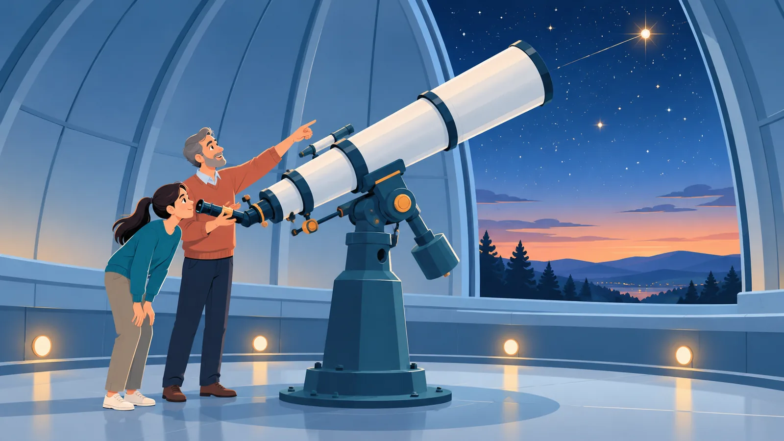 Cercetător și student într-un observator astronomic