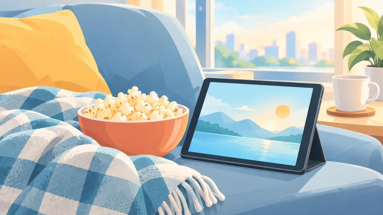 Weekend relaxat cu pătură, popcorn și tabletă pentru un serial scurt