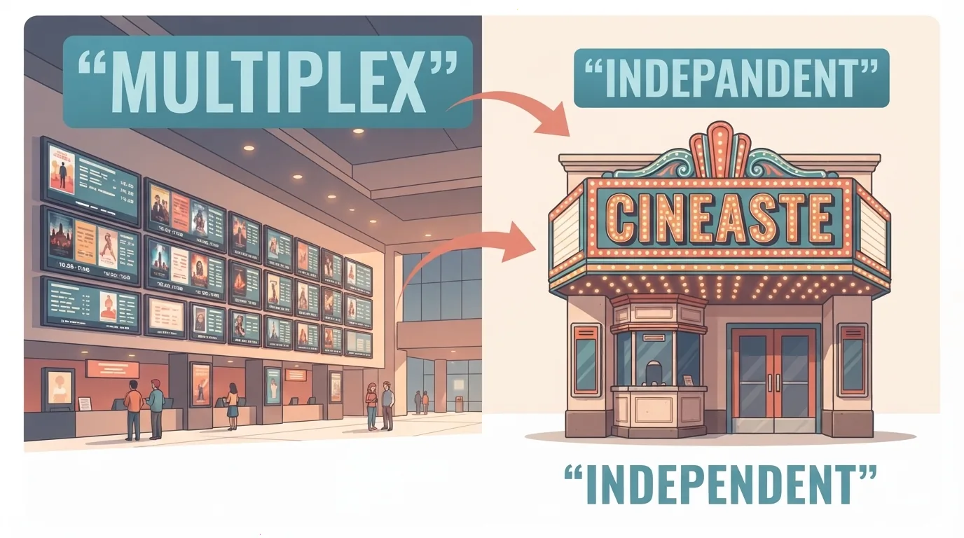 Comparație între un lanț mare de cinematografe și un cinematograf independent