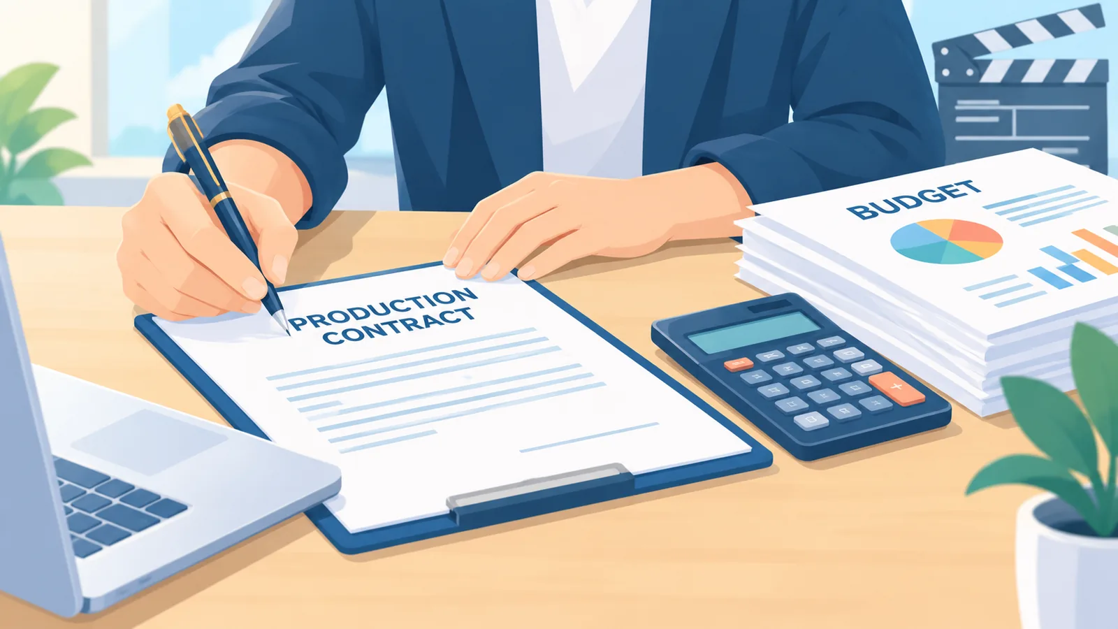 Mâini care semnează un contract de producție lângă un calculator și hârtii cu bugetul