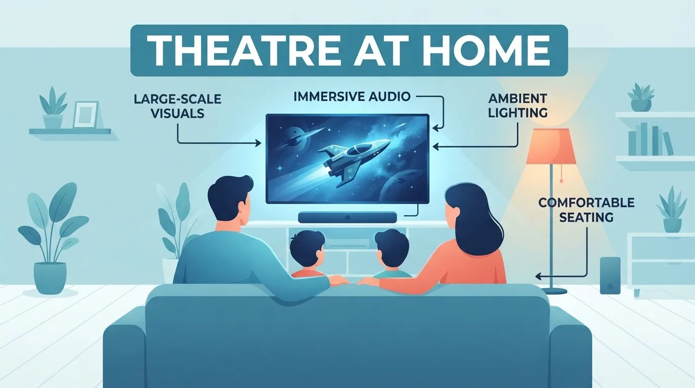 Familie care urmărește un film pe o platformă de streaming acasă