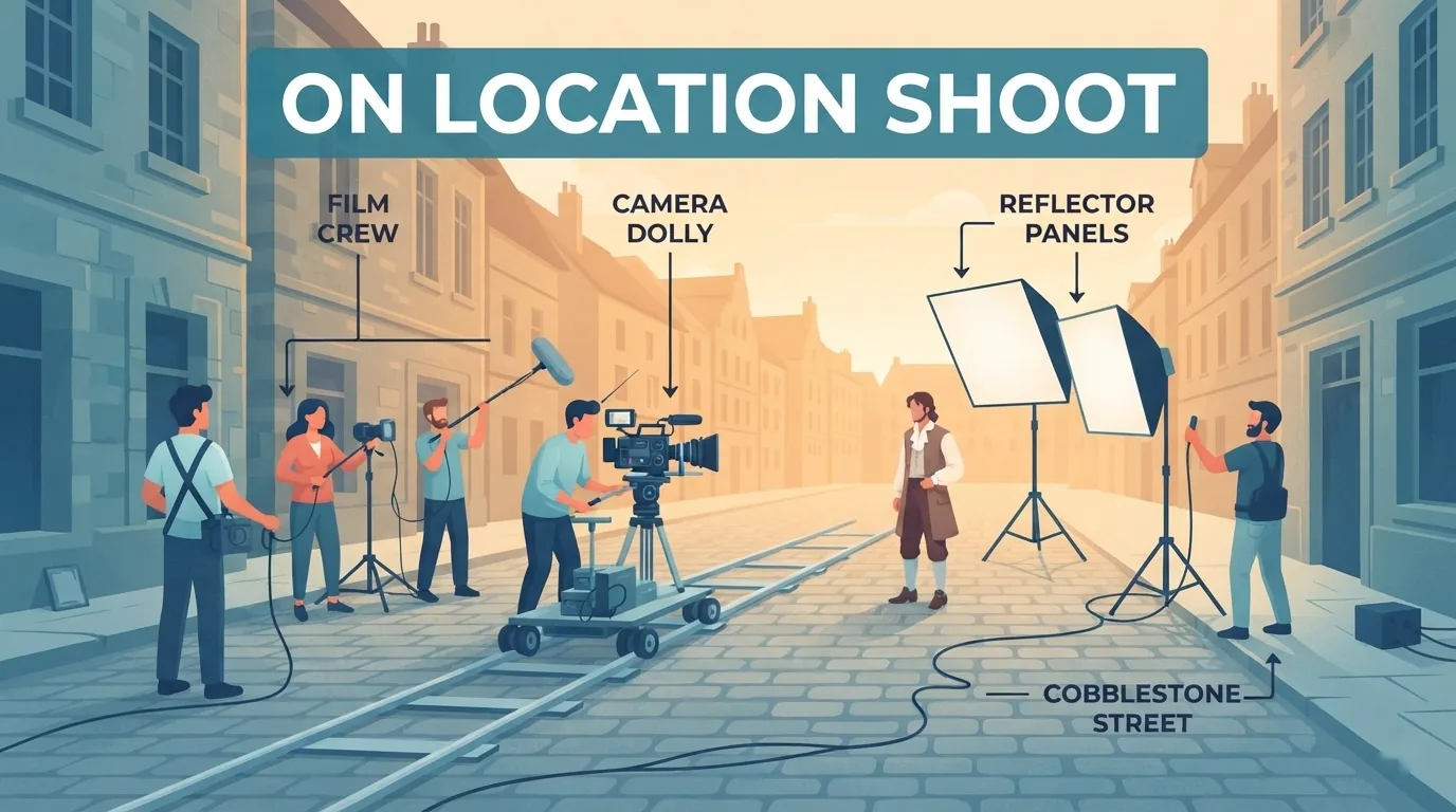 Echipă de filmare într-un oraș vechi european, la o filmare cu sprijin public