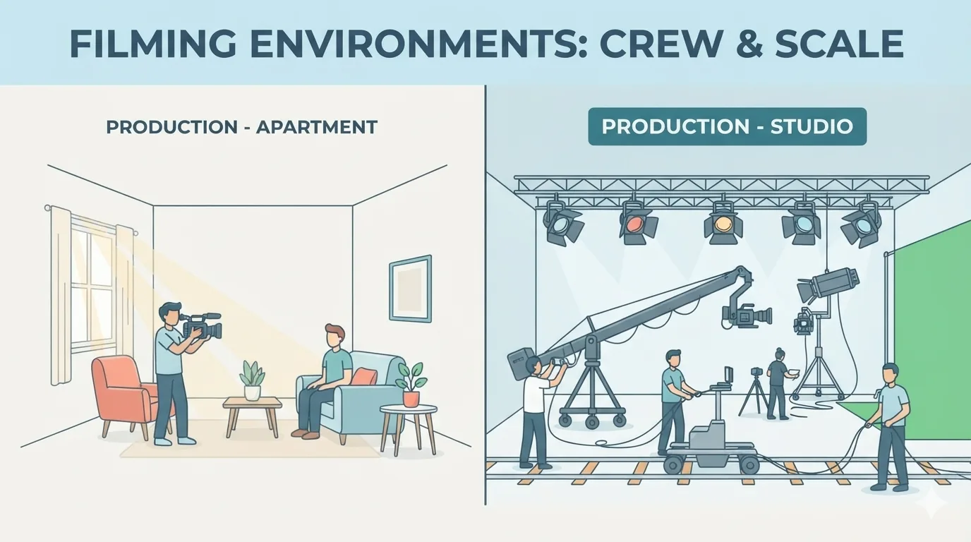 Comparație între o filmare independentă mică și un platou mare de studio