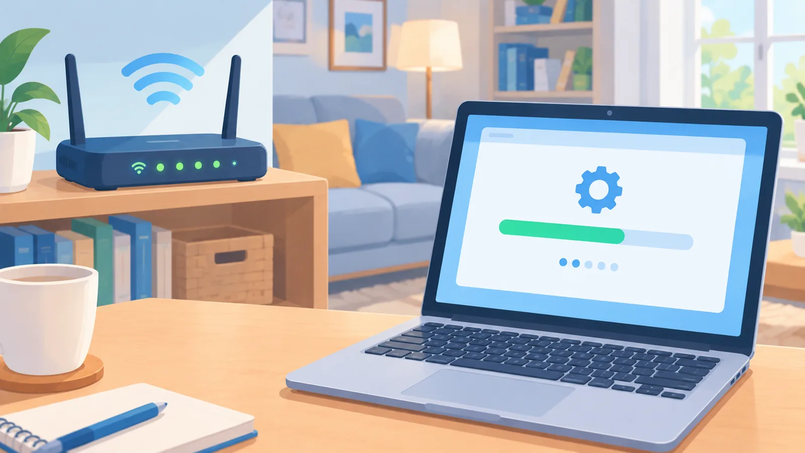 Router cu lumini verzi lângă un laptop care se actualizează