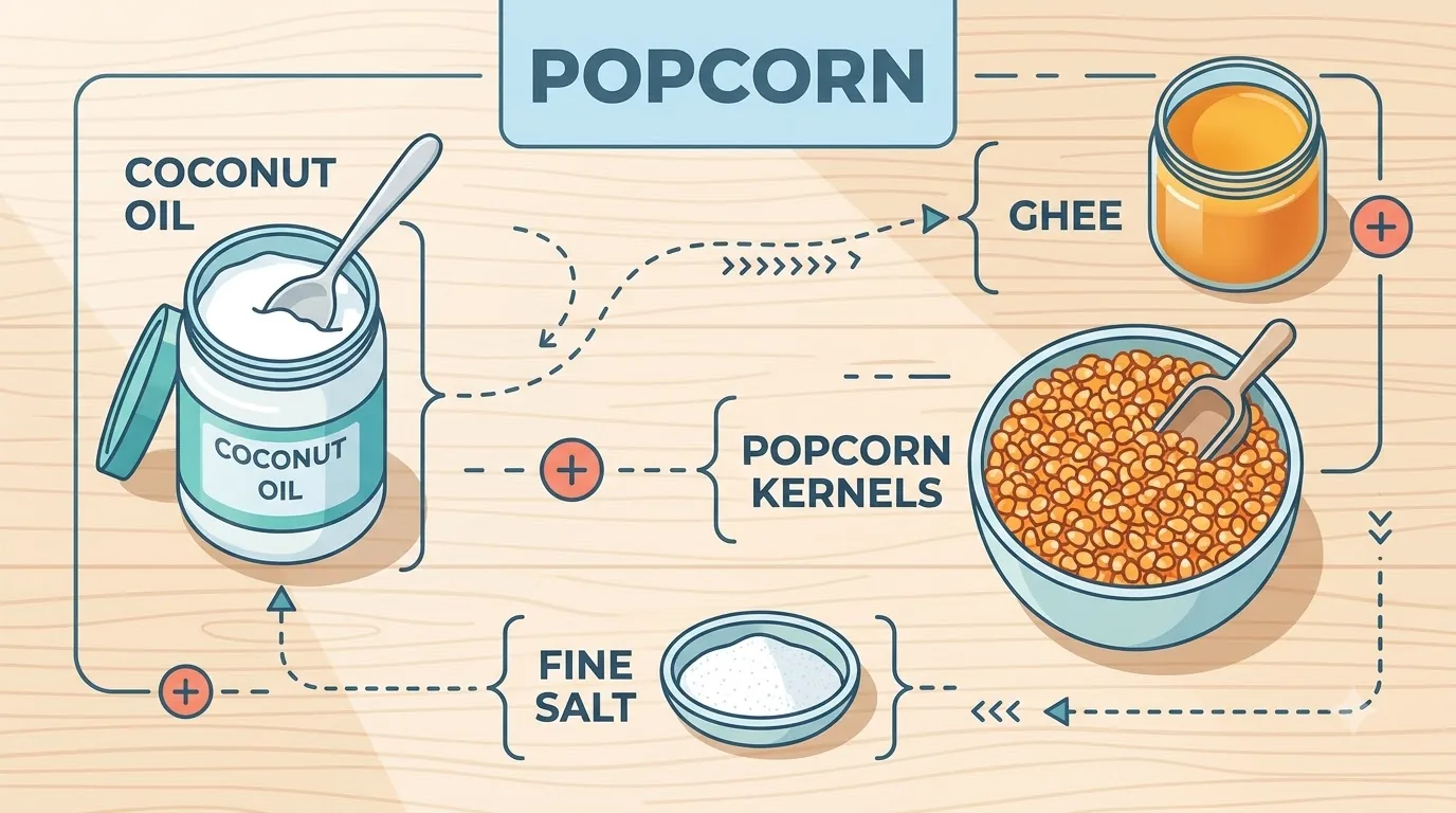Ingredientele pentru popcorn: ulei de cocos, ghee, boabe și sare fină