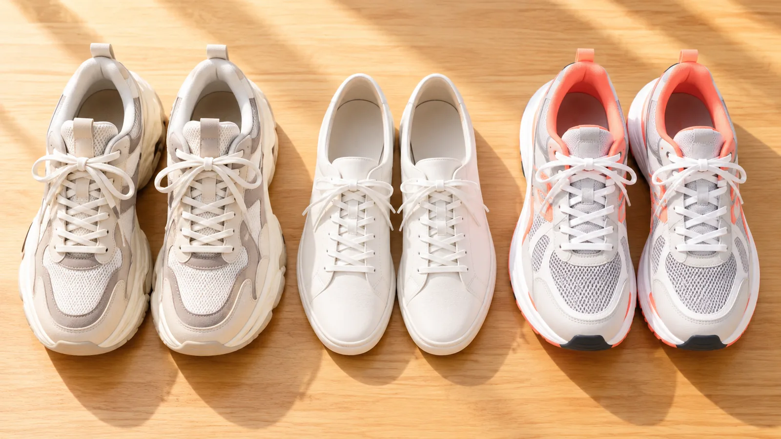 Trei perechi de sneakers pentru femei cu siluete diferite, așezate pe o masă din lemn