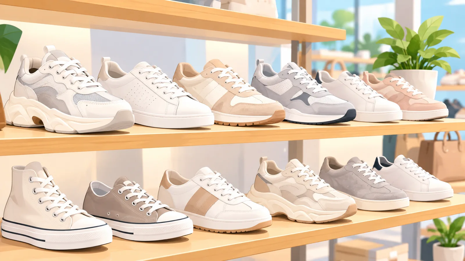 Raft de magazin cu sneakers pentru femei din piele, canvas și piele întoarsă