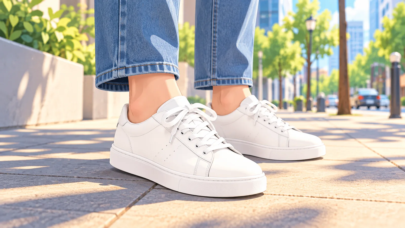 Sneakers albi din piele purtați cu blugi drepți pe o stradă însorită