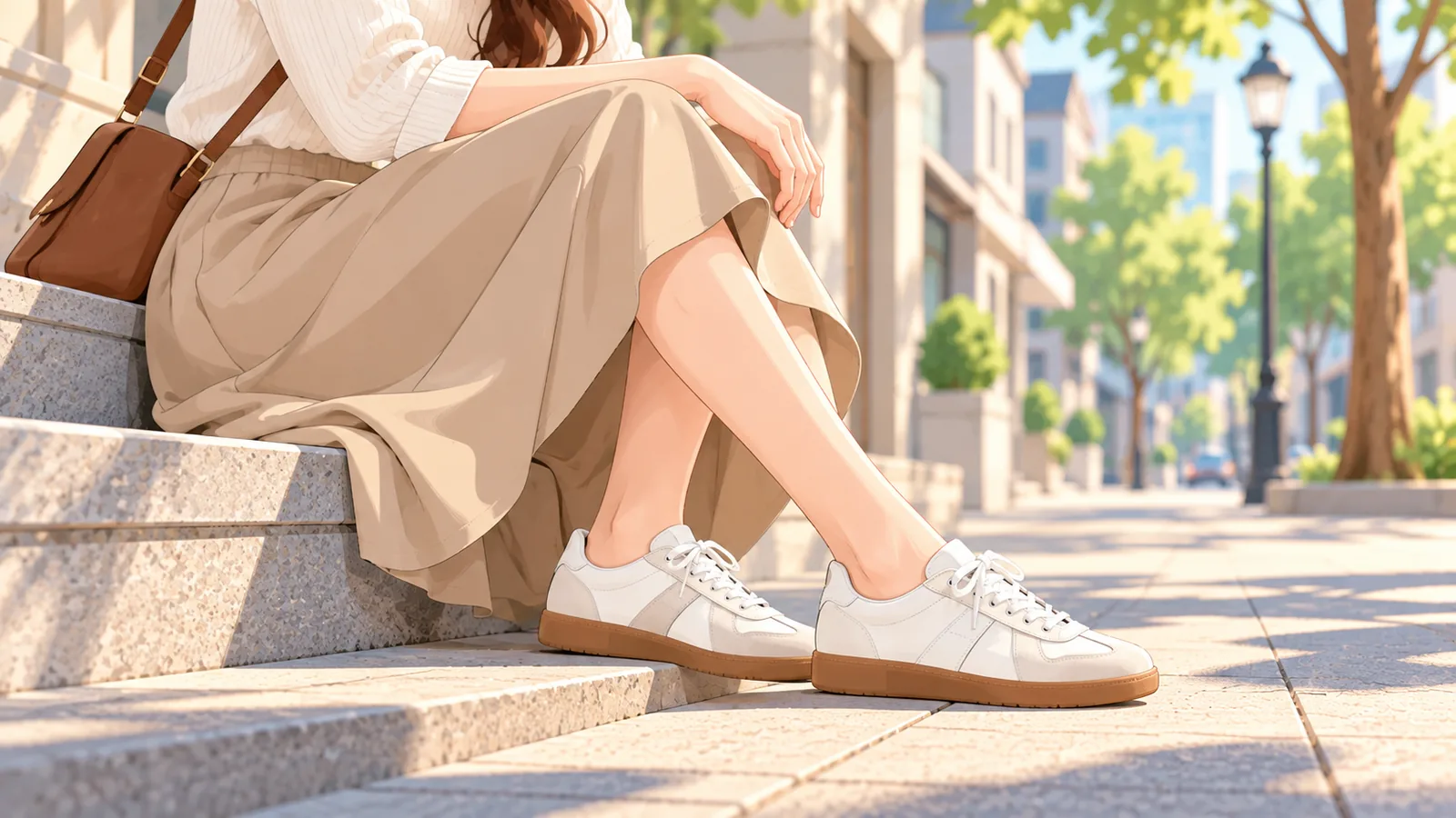 Femeie cu sneakers retro slim cu talpă din cauciuc gumă și fustă midi