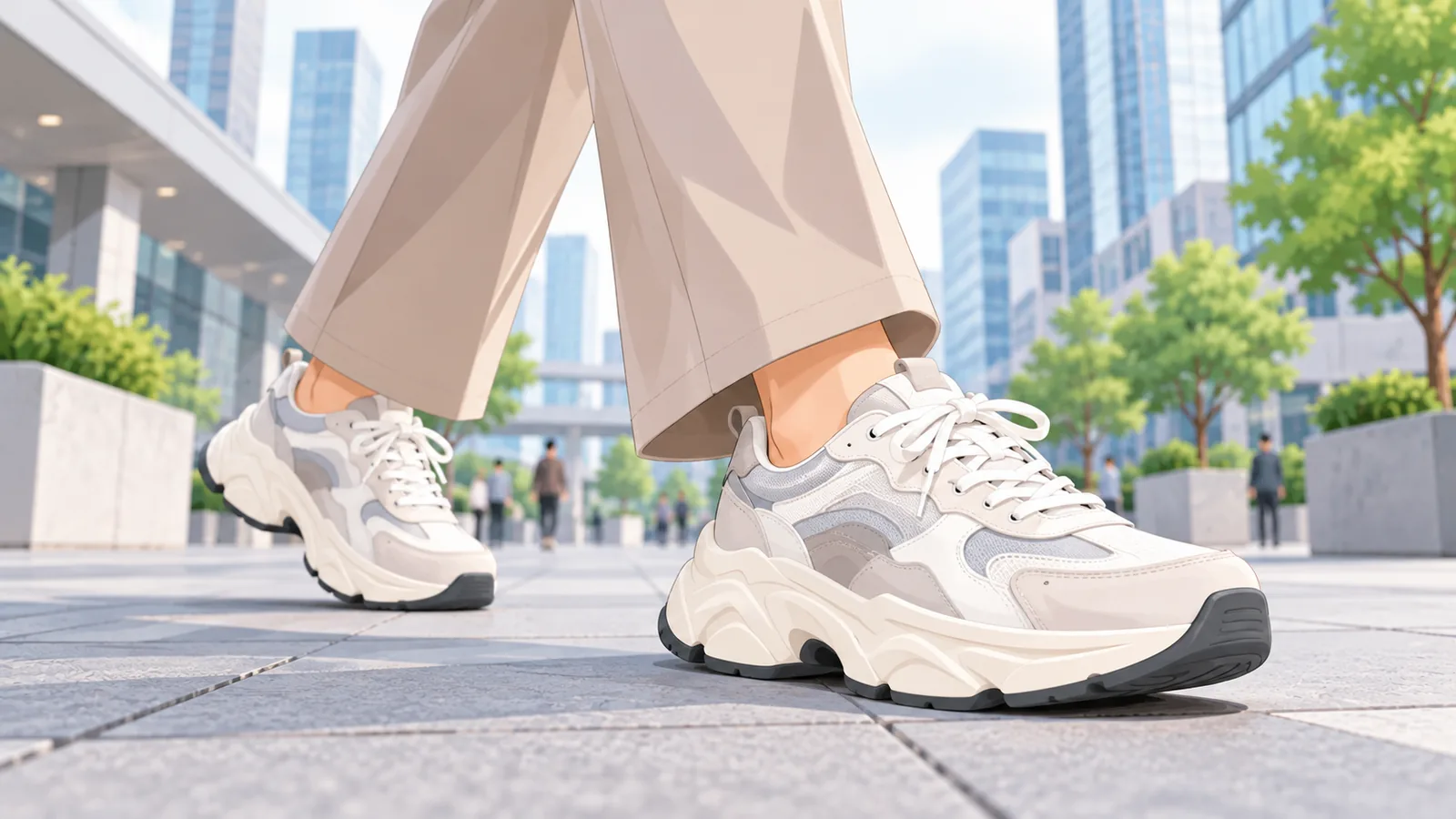 Sneakers chunky în stil anii 90 purtați cu pantaloni drepți într-o piață urbană