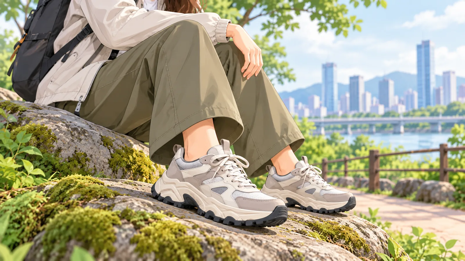 Sneakers cu aspect outdoor pe o stâncă, lângă o alee dintr-un parc