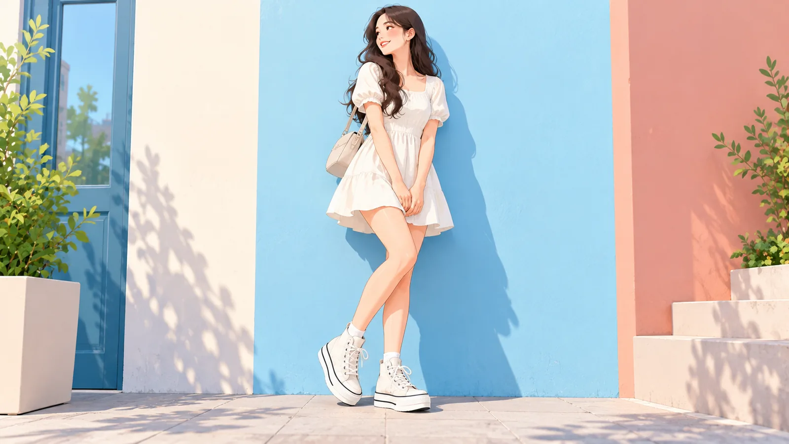 Femeie în rochie scurtă și sneakers înalți din canvas cu platformă