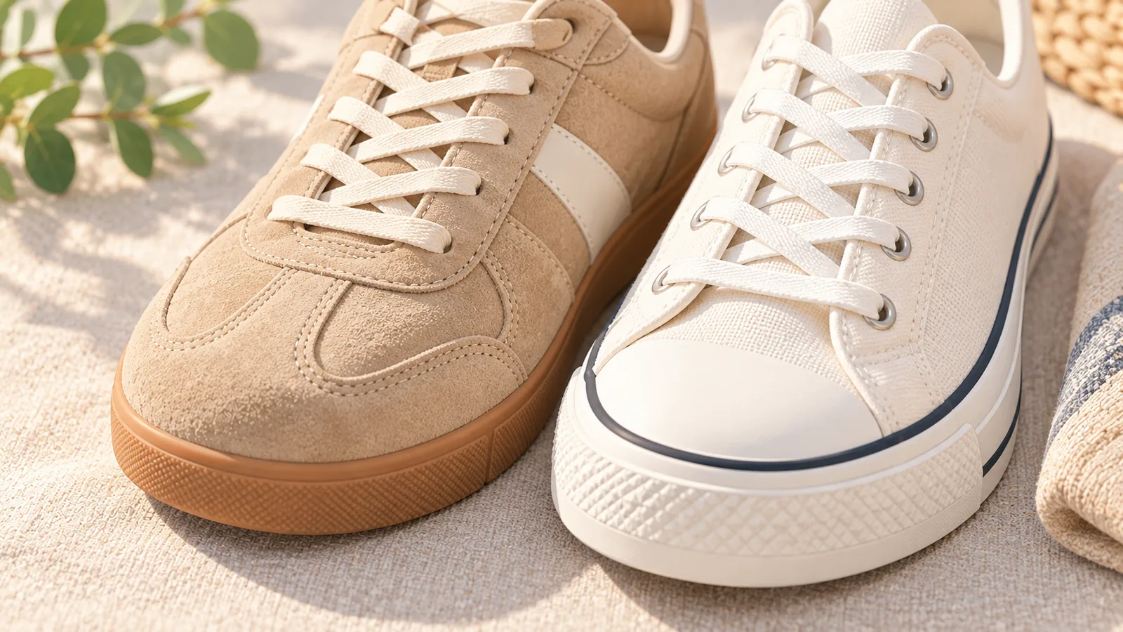 Comparație între un sneaker din piele întoarsă bej și unul din canvas alb