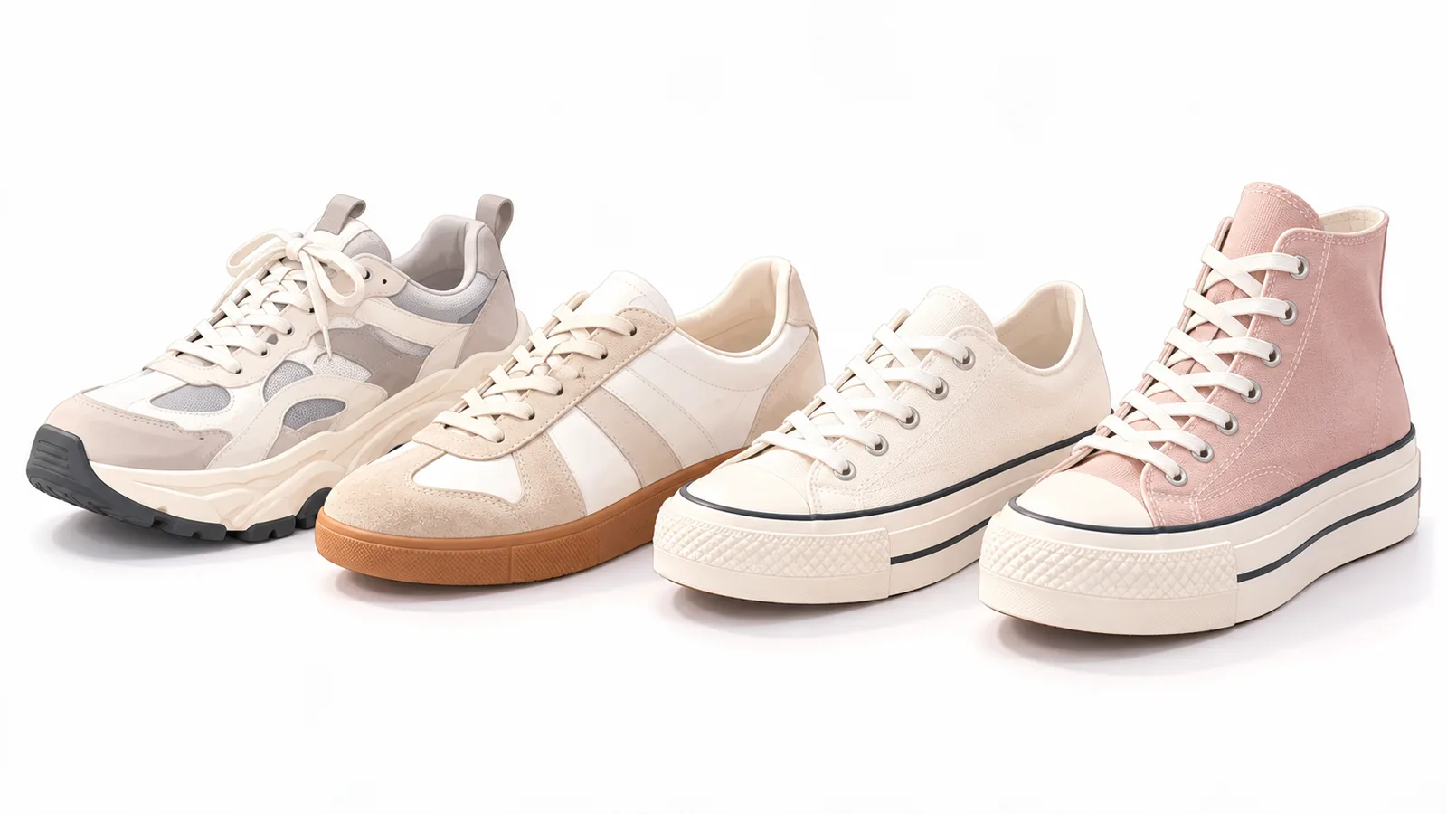 Patru modele de sneakers pentru femei aliniate pentru comparație