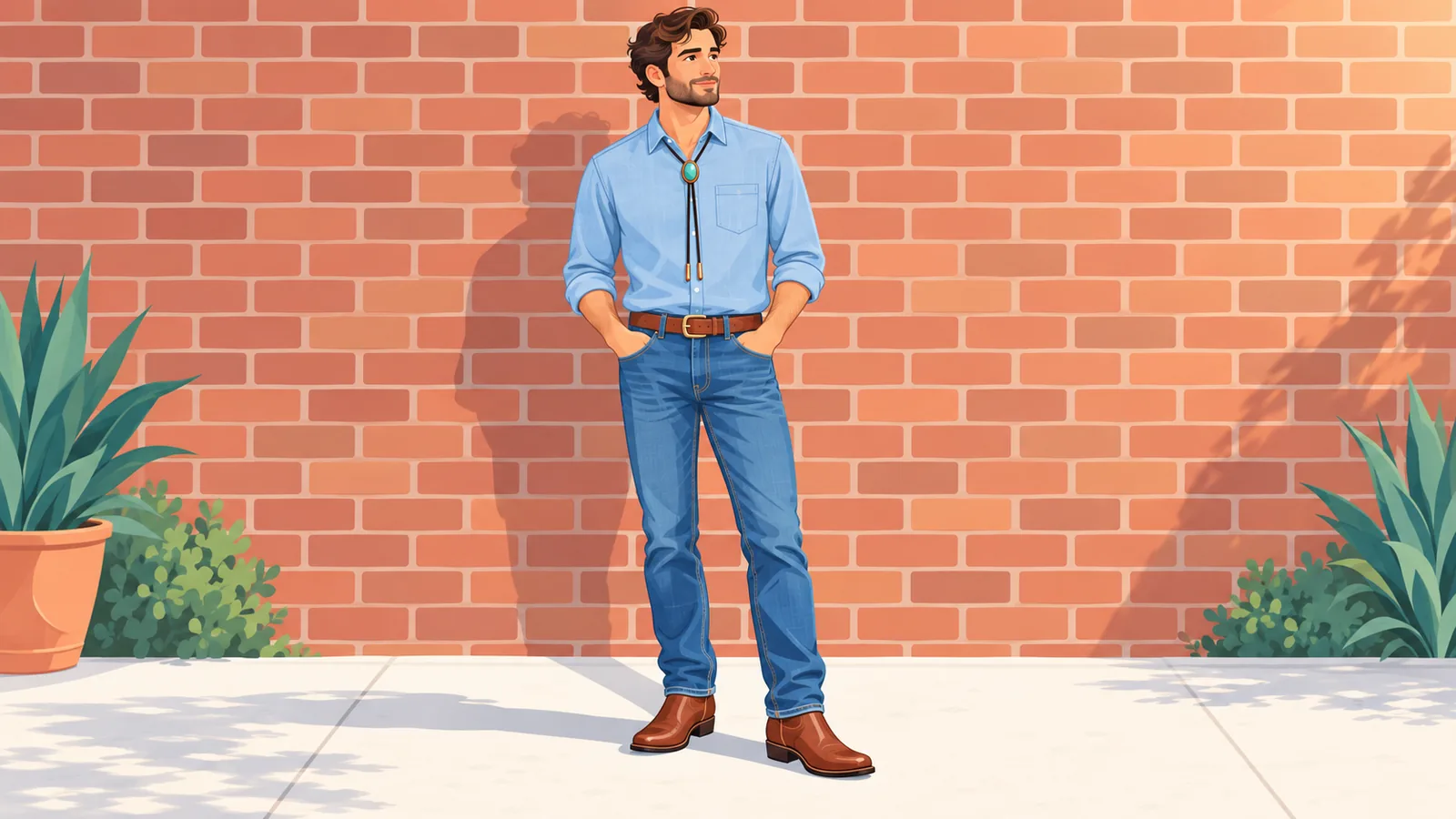 Ținută casual cu cămașă chambray, blugi, cizme și cravată bolo