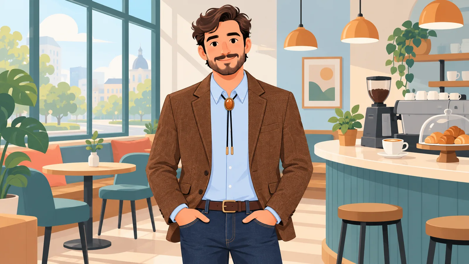 Ținută smart casual cu cămașă oxford bleu pal, sacou din tweed și cravată bolo
