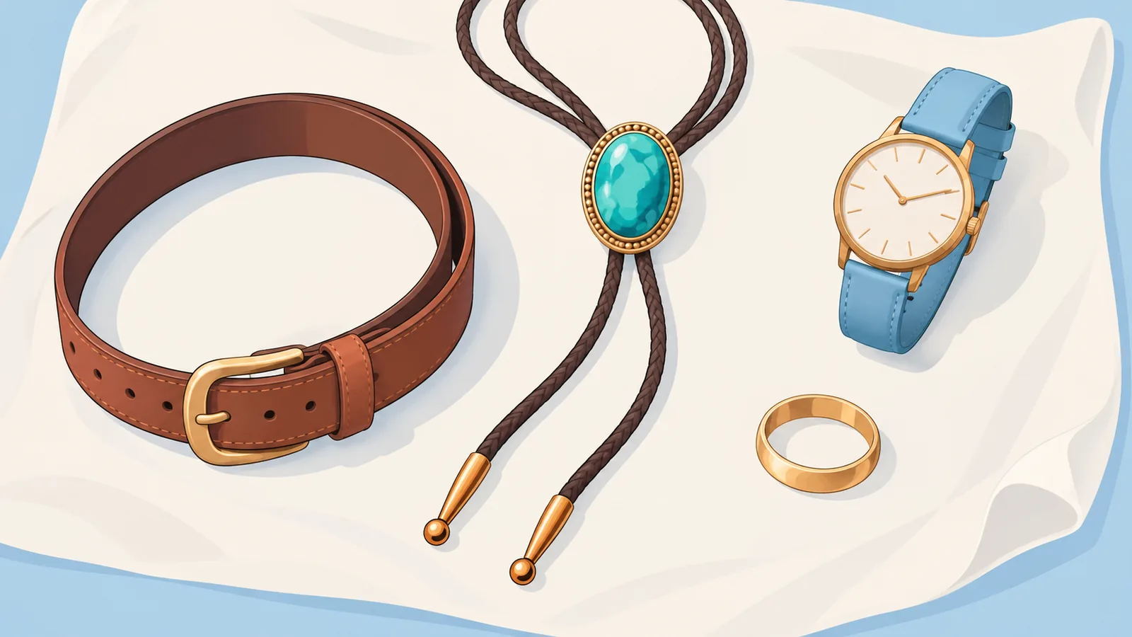 Cravată bolo așezată alături de curea, ceas și inel, într-o combinație echilibrată de accesorii