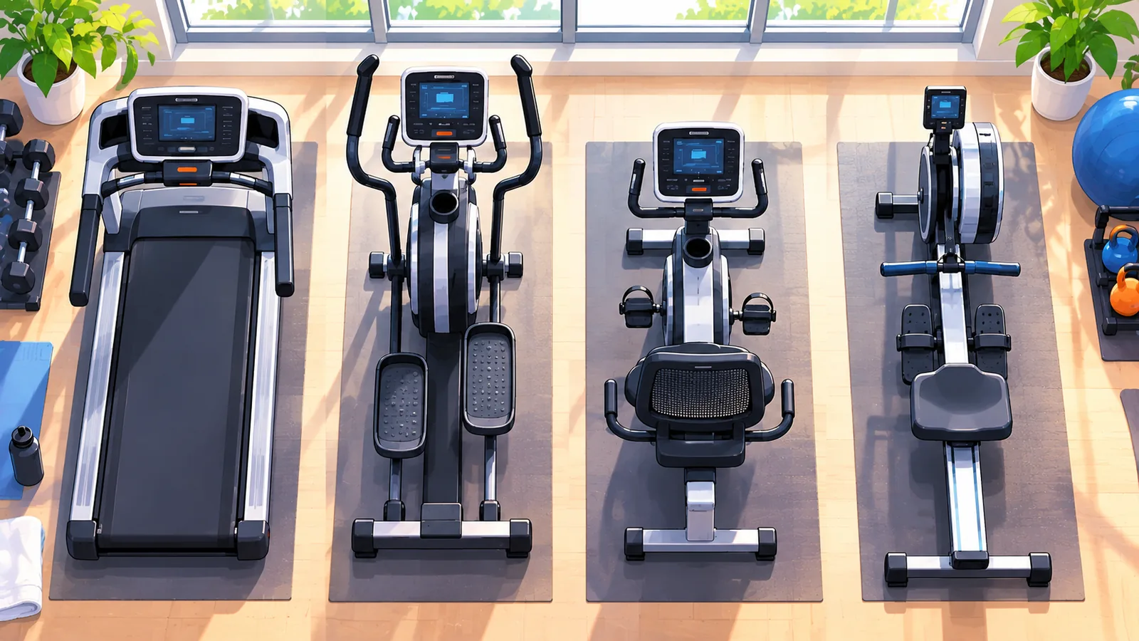 Patru aparate de cardio aranjate uniform, văzute de sus