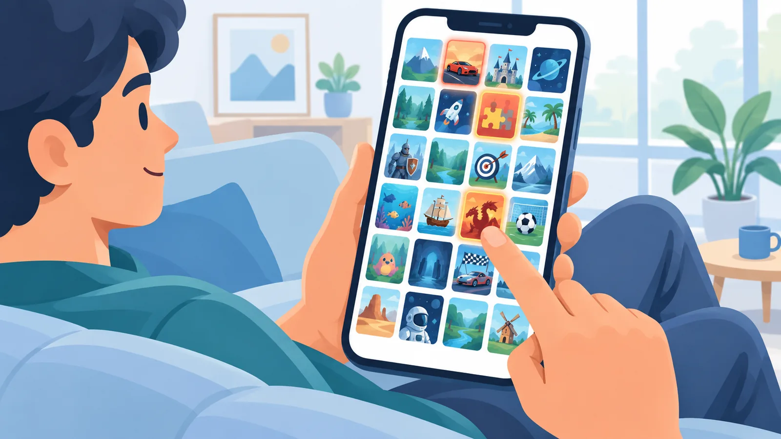 Biblioteca de jocuri afișată pe iPhone, cu o parte din titluri disponibile în cloud