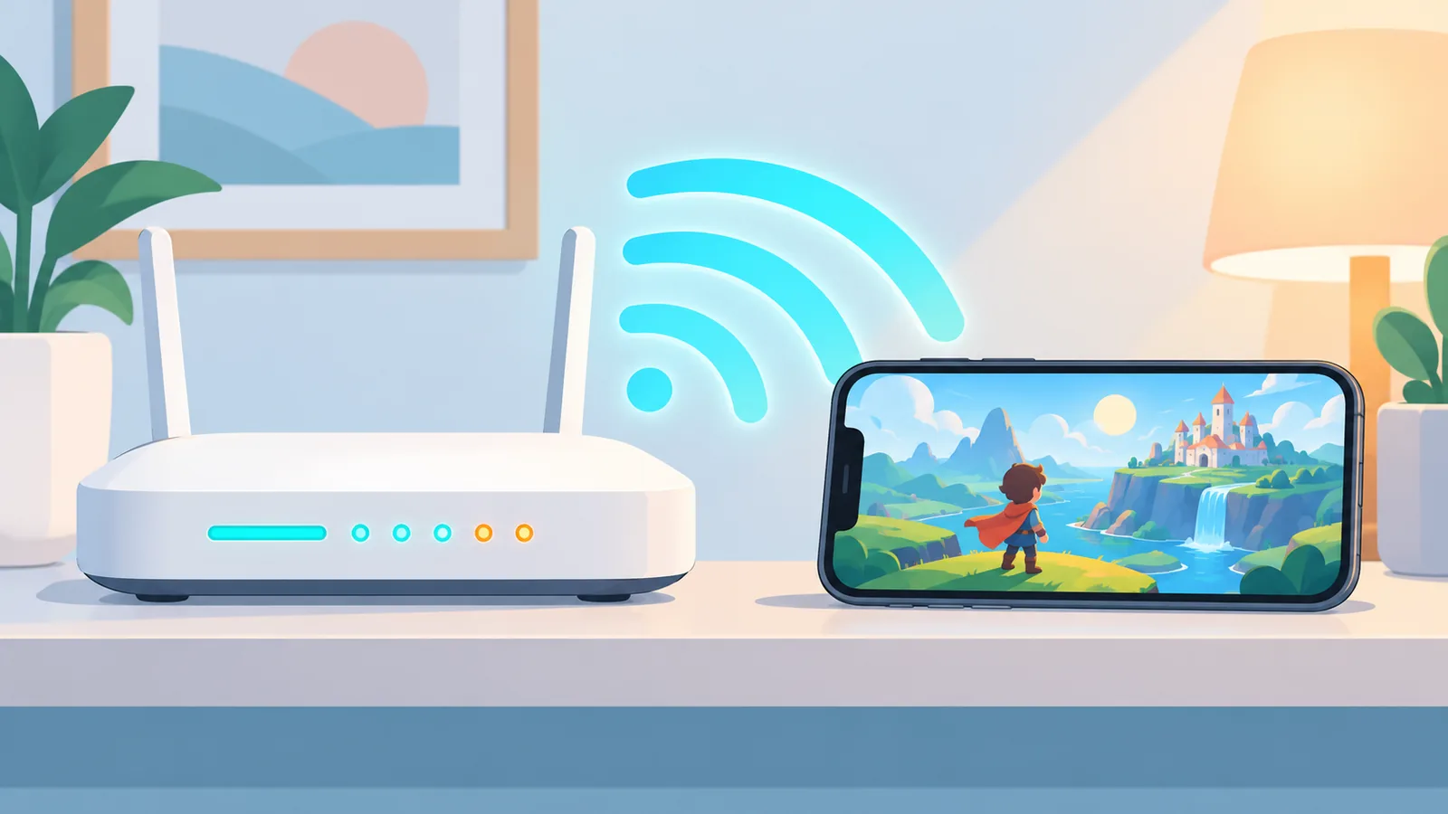 Router Wi-Fi lângă un iPhone care transmite un joc în cloud