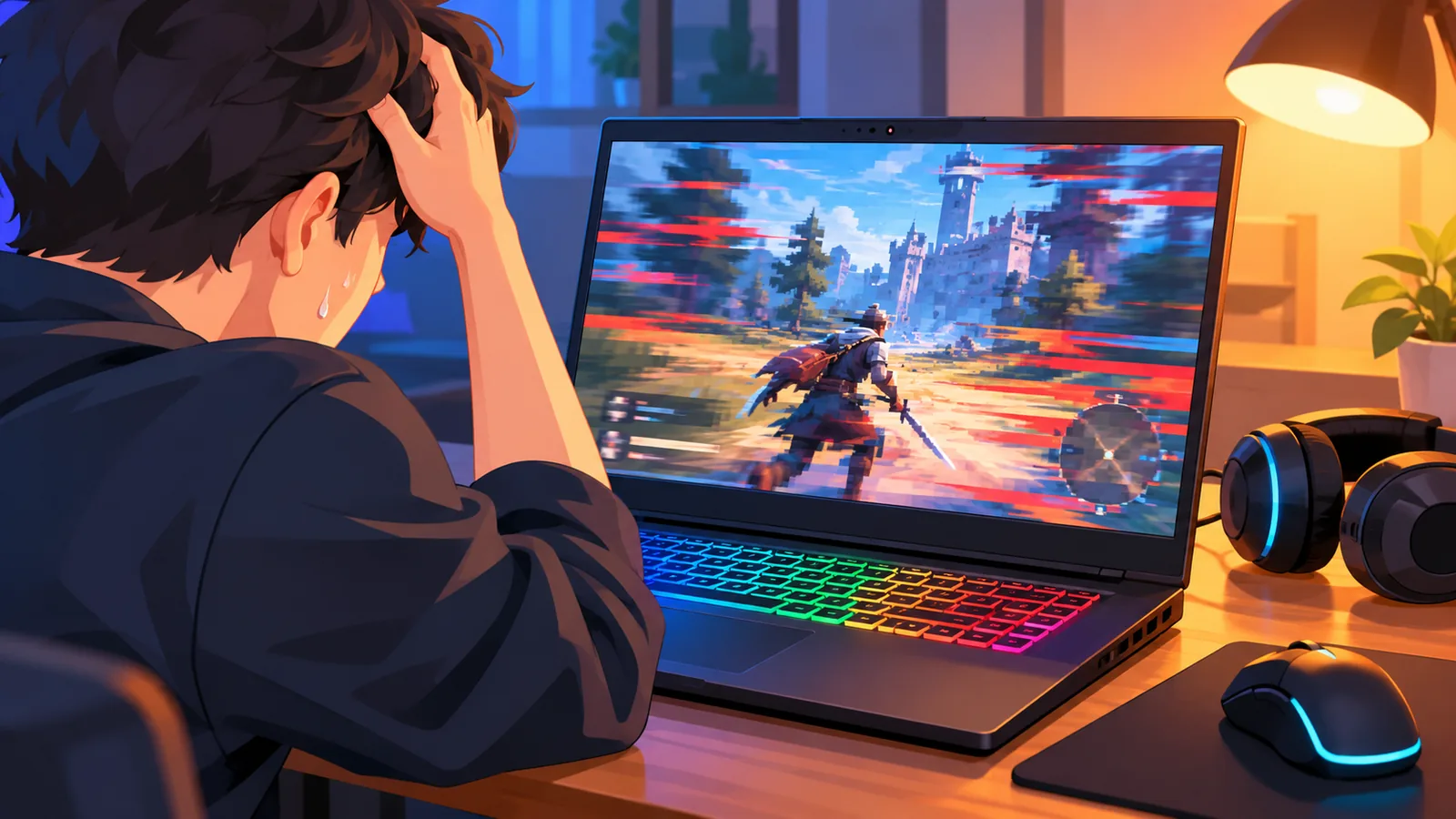 Laptop de gaming care rulează sacadat un joc, pe un birou