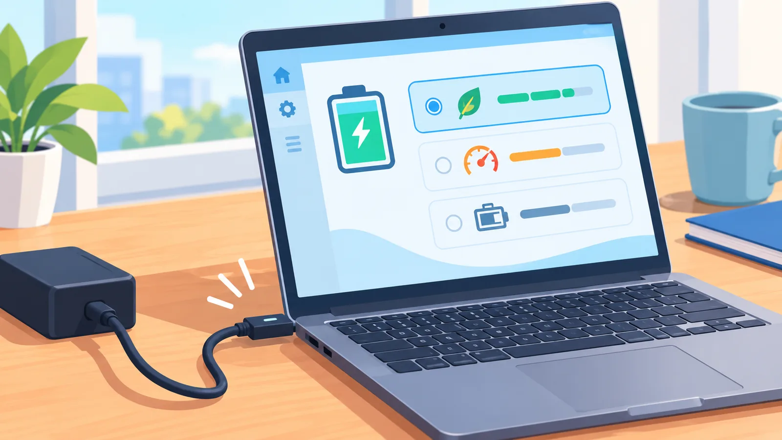 Laptop conectat la încărcător, cu meniul modului de alimentare pe ecran
