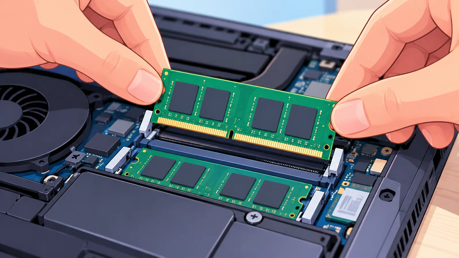 Montarea unui modul de memorie RAM într-un laptop