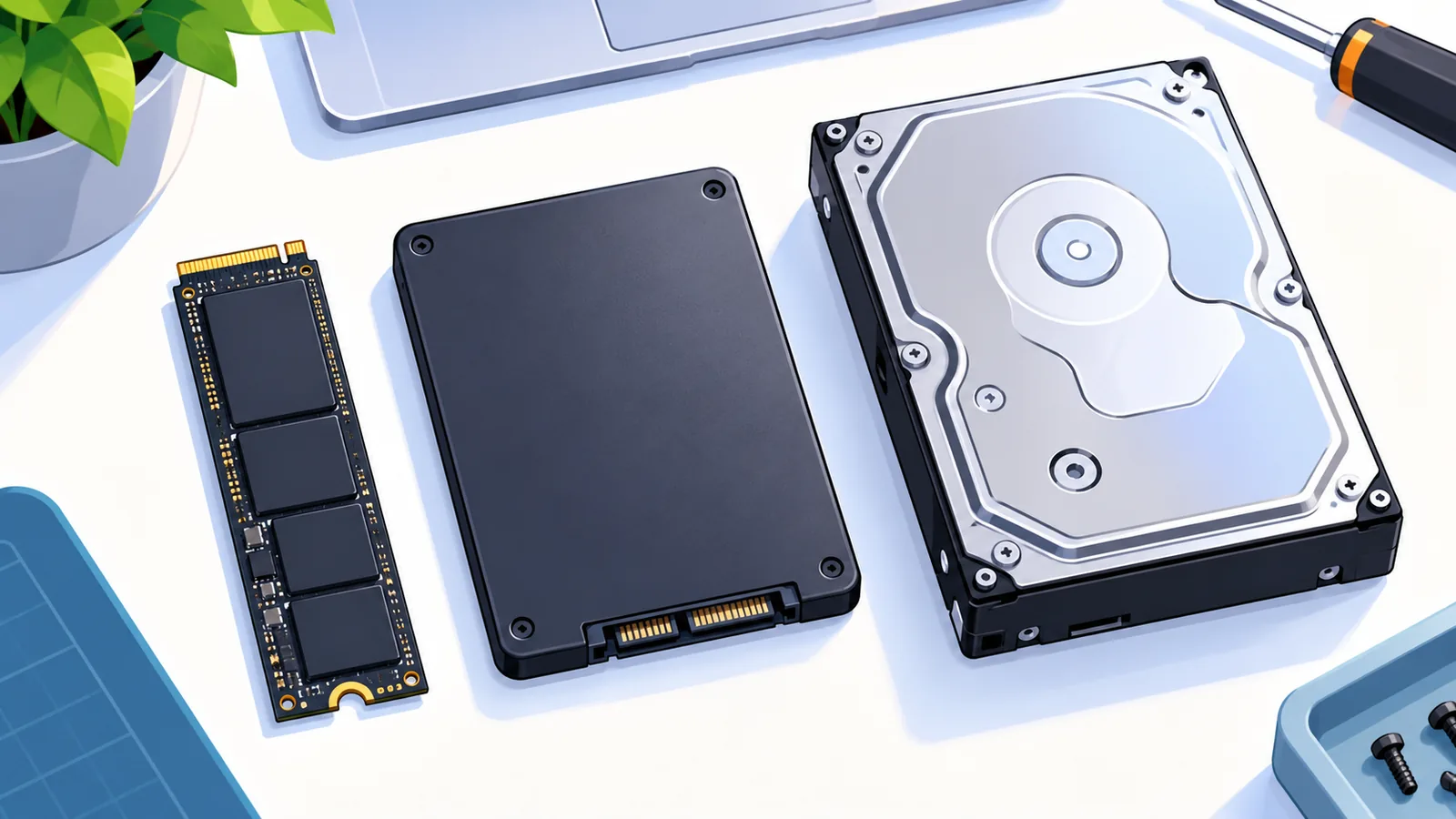 Comparație între un SSD NVMe, un SSD SATA și un HDD