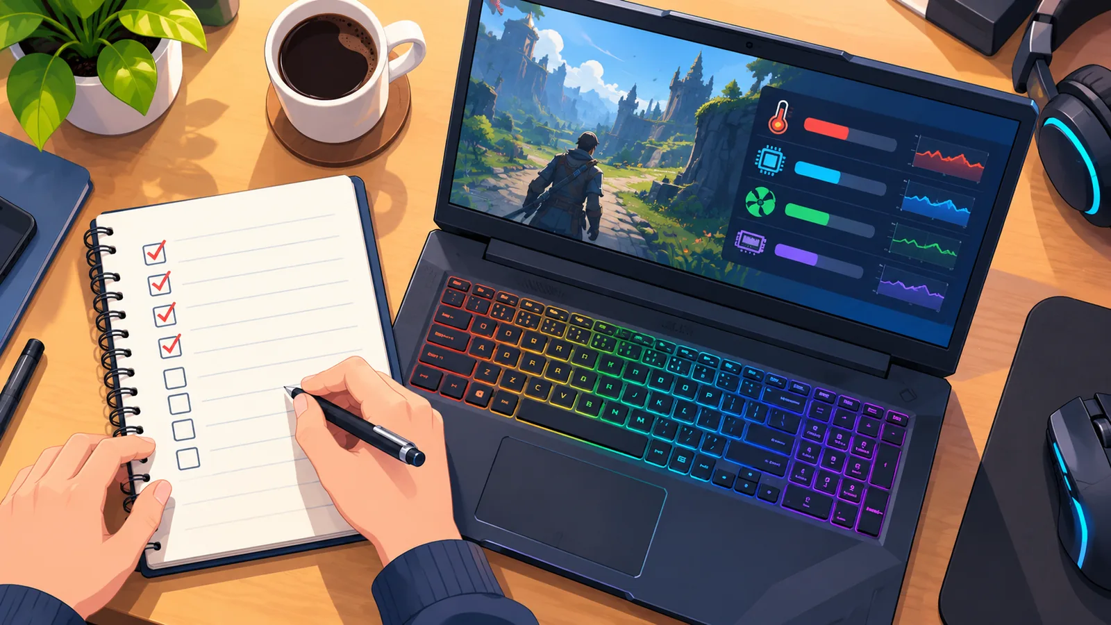 Listă de verificare scrisă de mână lângă un laptop cu monitor de temperaturi
