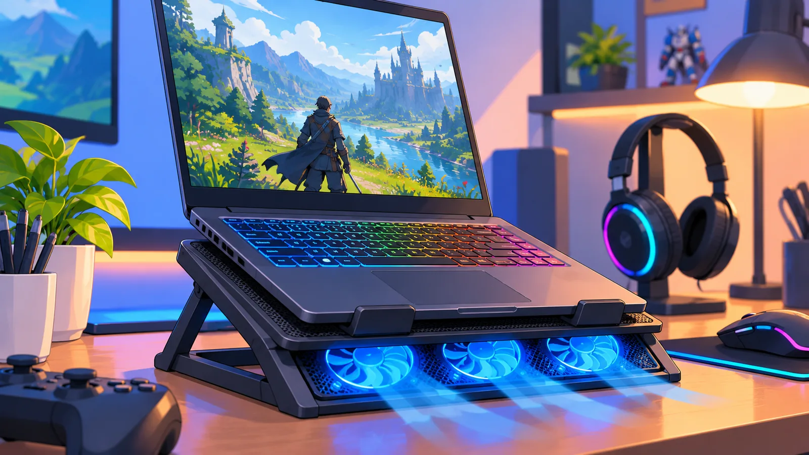Laptop de gaming așezat pe un suport de răcire