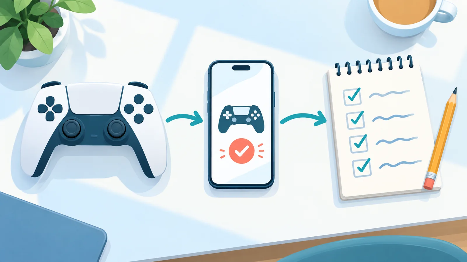Birou cu controller PlayStation, telefon și listă de verificare înainte de configurare